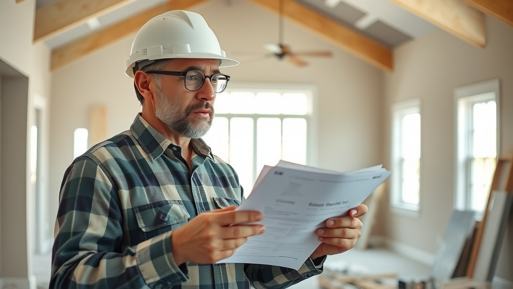 insightful contractor in Surfside Beach SC reviewing punch list inside partially finished home, punchlist services in Surfside Beach SC