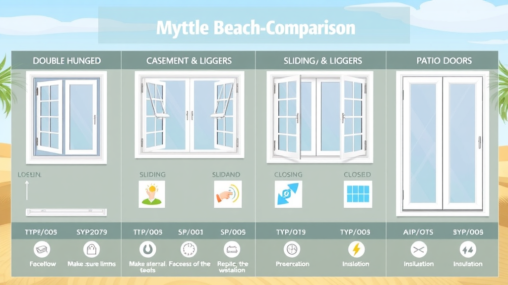 Infographic chart comparing double-hung, casement, sliding, and patio doors for Myrtle Beach climates.