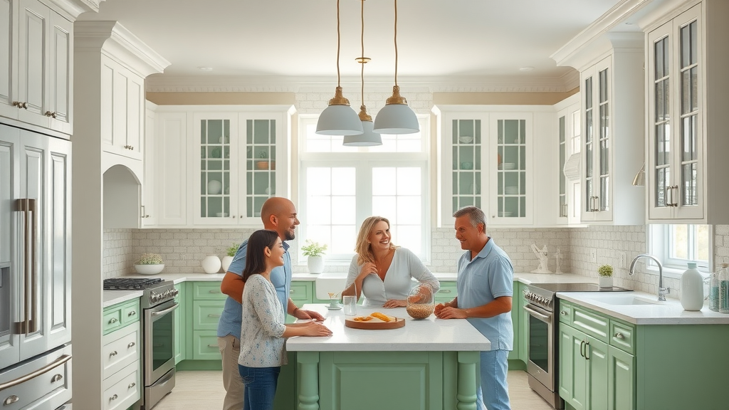Bright and elegant Myrtle Beach kitchen featuring newly painted modern cabinets and family members admiring the transformation, natural daylight, coastal décor, kitchen cabinet painting in Myrtle Beach SC