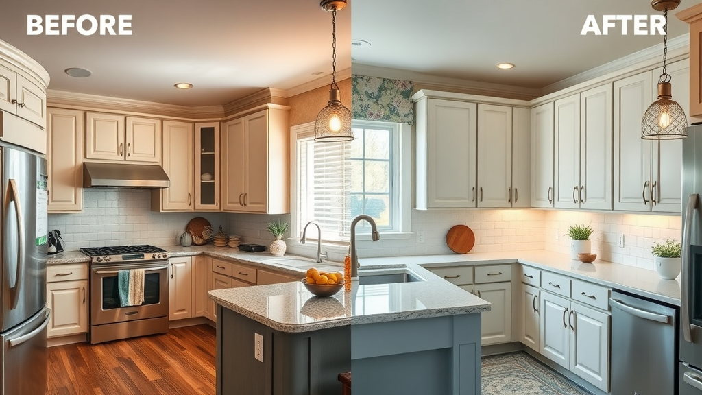 Before and after split image of Myrtle Beach kitchen showing outdated cabinets transformed into sleek, freshly painted modern cabinets with delighted homeowners, cabinet painting Myrtle Beach SC