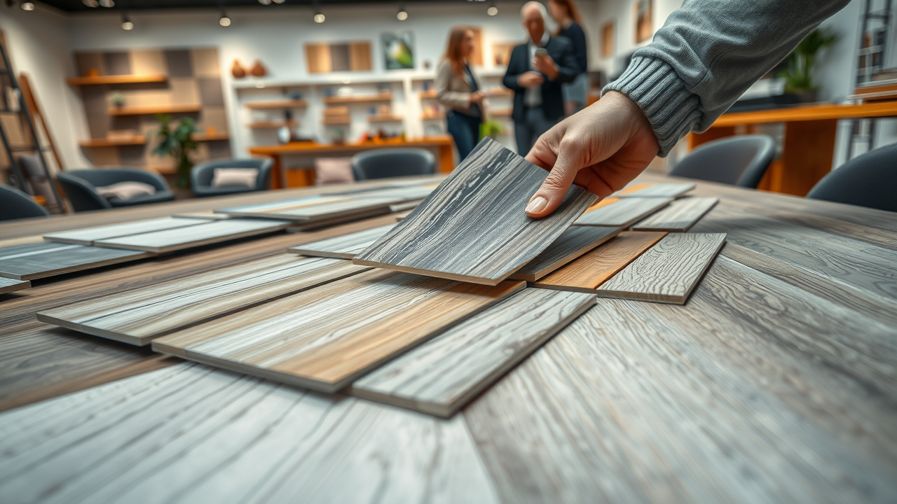 Vinyl flooring samples on showroom table in Surfside Beach, hand comparing modern vinyl options, variety of colors and textures