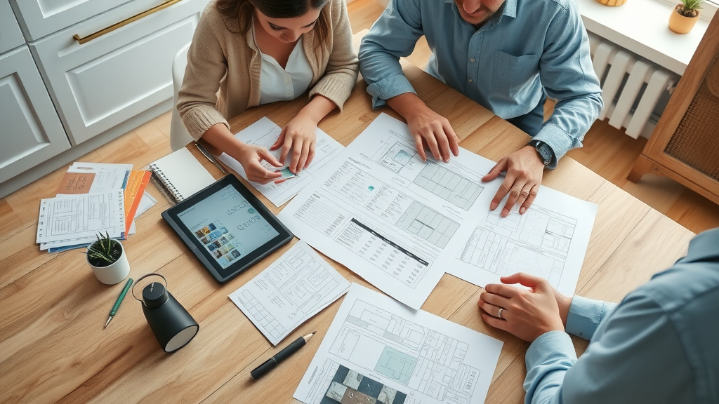 Homeowner and kitchen designer reviewing renovation budget and floorplans for kitchen updates in Surfside Beach SC, samples and blueprints on table