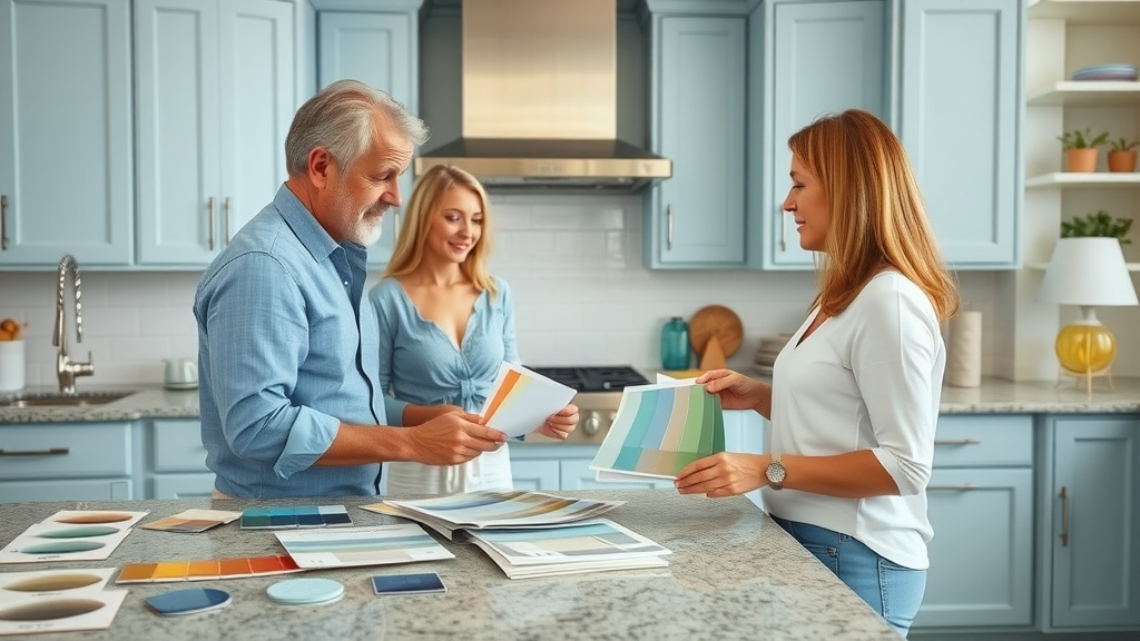 Vibrant paint swatches and finish options displayed in a Myrtle Beach kitchen, homeowners choosing colors for custom cabinet painting Myrtle Beach SC