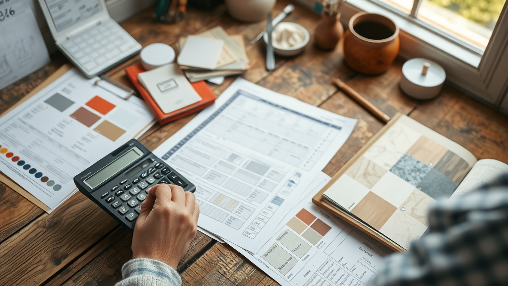 Surfside Beach SC contractor workspace for bathroom remodel cost planning, open calculator, spreadsheets, and materials selection for bathroom renovation project