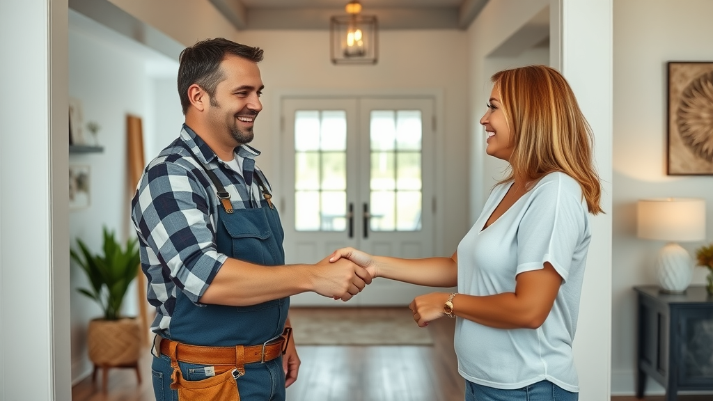 Friendly local handyman and satisfied Surfside Beach homeowner in entryway with new vinyl floor, happy handshake, modern decor