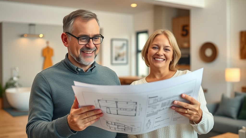 happy couple reviewing renovation plans, bathroom remodel Murrells Inlet SC, blueprints and modern decor, cozy bathroom background