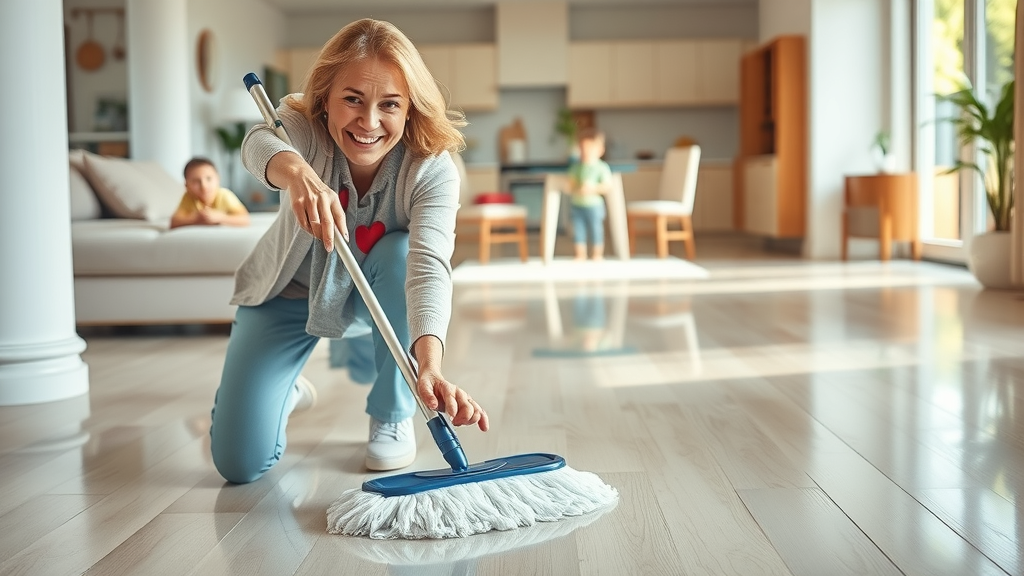 Cheerful homeowner cleaning affordable vinyl floor installation Pawleys Island SC, shiny luxury vinyl floor, energetic family scene.