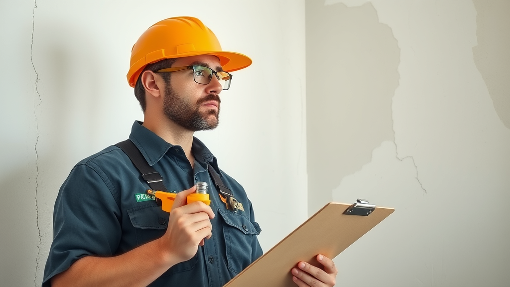 Expert drywall contractor in uniform assessing wall damage in Surfside Beach SC home, inspecting for cracks and water spots, coastal interior setting