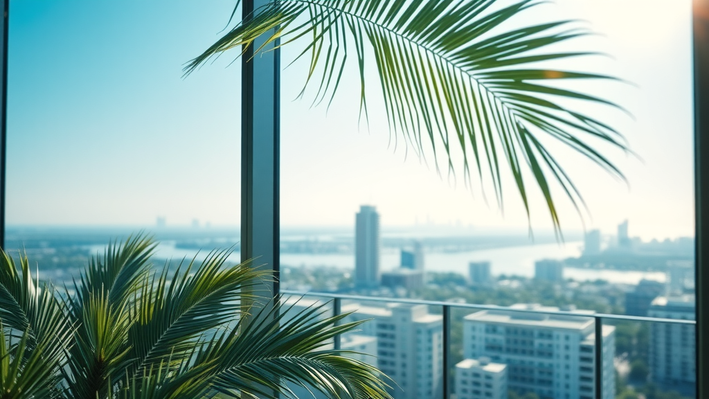 Energy-efficient windows with blue low-E tint reflecting sunlight in futuristic Myrtle Beach home, swaying palm fronds visible outside