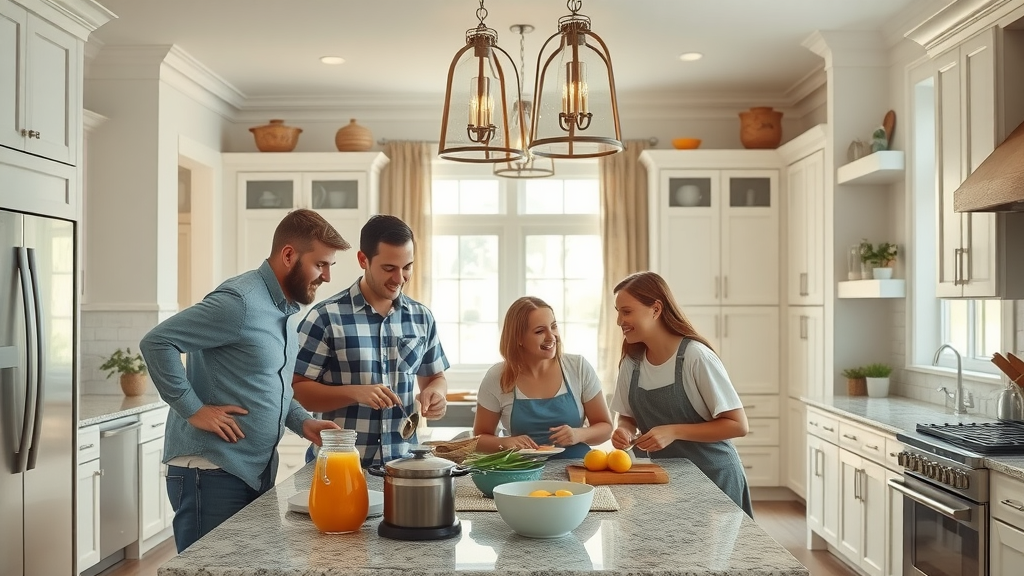 Open-concept kitchen remodel in Conway SC with modern southern-style design, family cooking together, granite countertops, and white cabinetry.