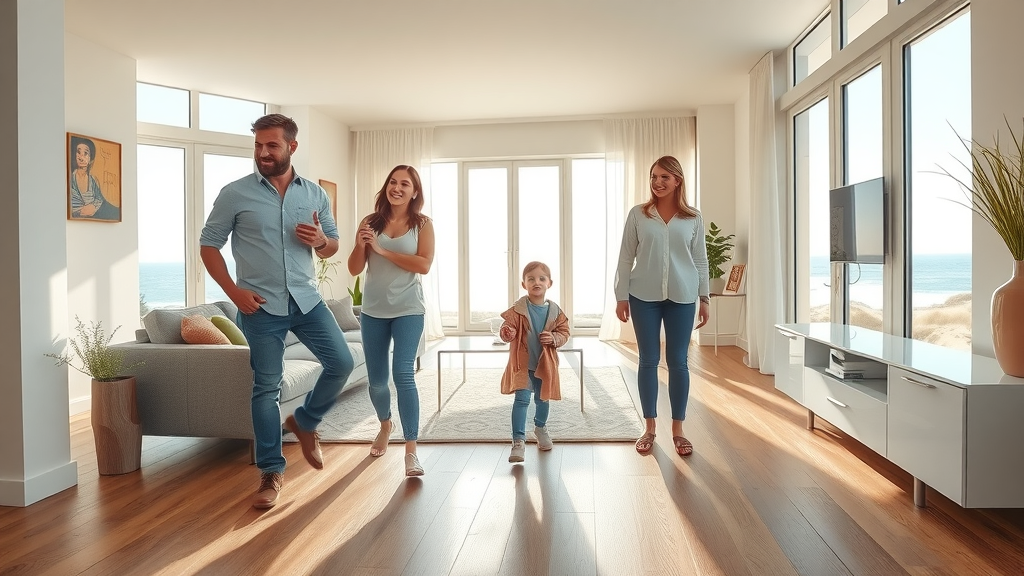 Modern living room with affordable vinyl floor installation Pawleys Island SC, smiling family enjoying new floors, large windows, wood-look floor, coastal scenery.