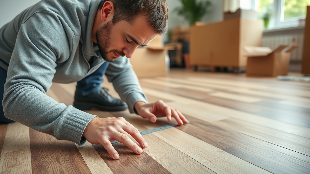 Professional installer measuring and installing affordable vinyl flooring Pawleys Island SC, detailed plank placement in progress.