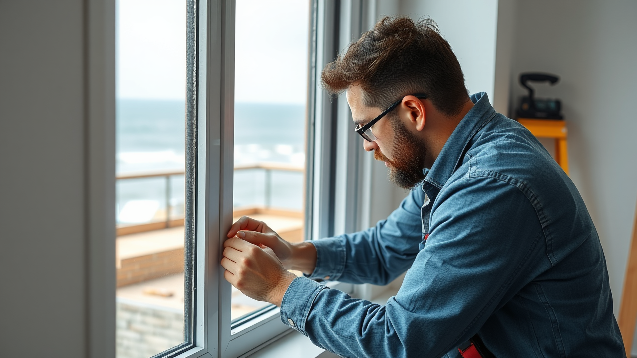 Professional window installer fitting a new window frame in Surfside Beach SC home, highly detailed scene with surfside view