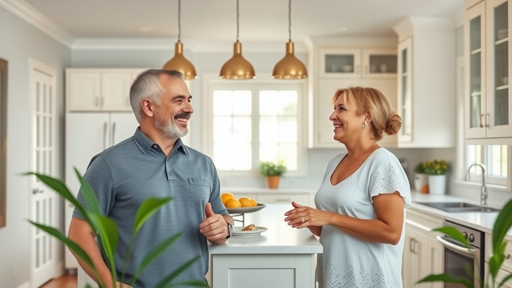 Budget-friendly Myrtle Beach kitchen with smiling homeowners, newly updated cabinet doors, affordable countertops, and lively green plants.