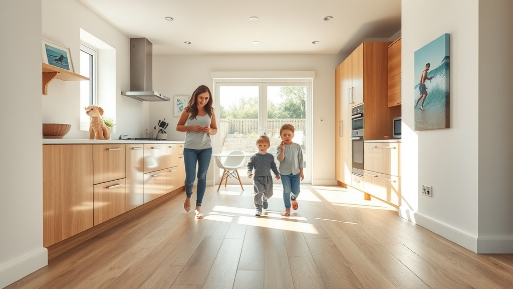 Bright modern kitchen with new luxury vinyl flooring in Surfside Beach SC, open-plan design, subtle reflections on the vinyl, family admiring floor