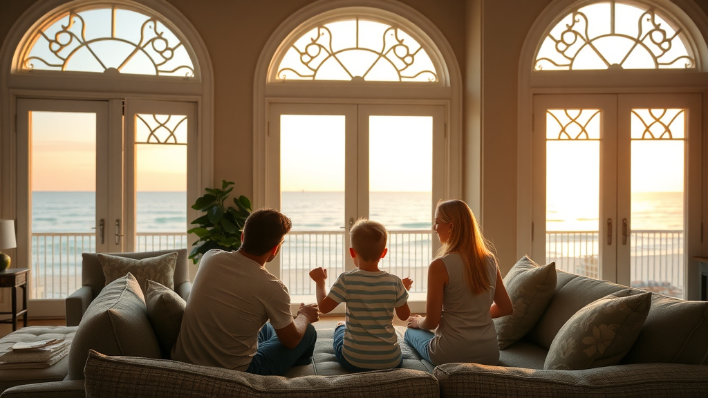 Happy Myrtle Beach family enjoying secure patio doors and stylish replacement windows with an ocean view and sunset lighting