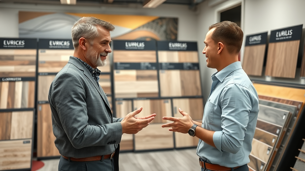 High-end flooring showroom with luxury vinyl tile and sample boards, customer consultation, premium flooring options in Surfside Beach