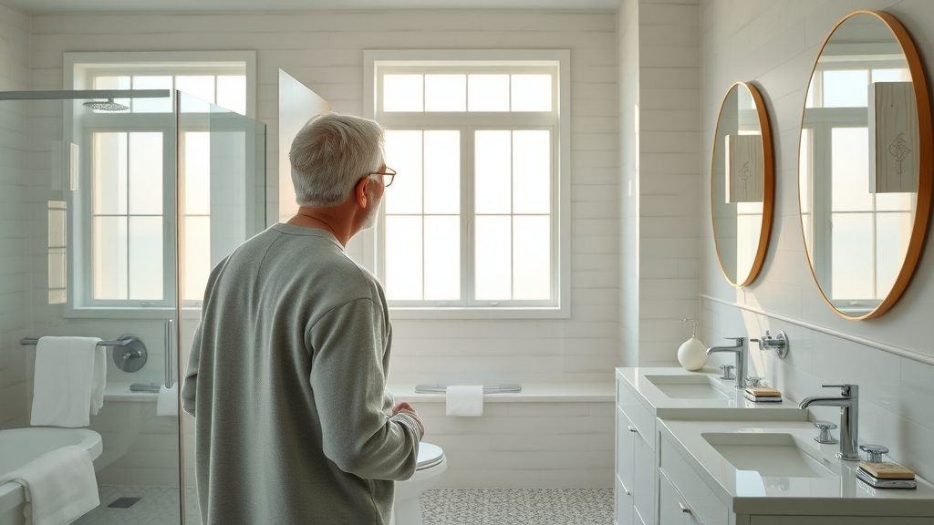 custom bathroom remodel in pawleys island sc with coastal-inspired luxury tiles and elegant fixtures, sunlight through frosted windows, serene homeowner enjoying space