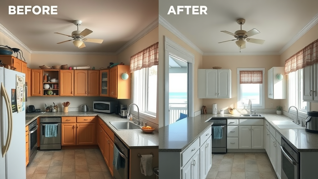 Before and after small kitchen remodel in Myrtle Beach, bright modern makeover