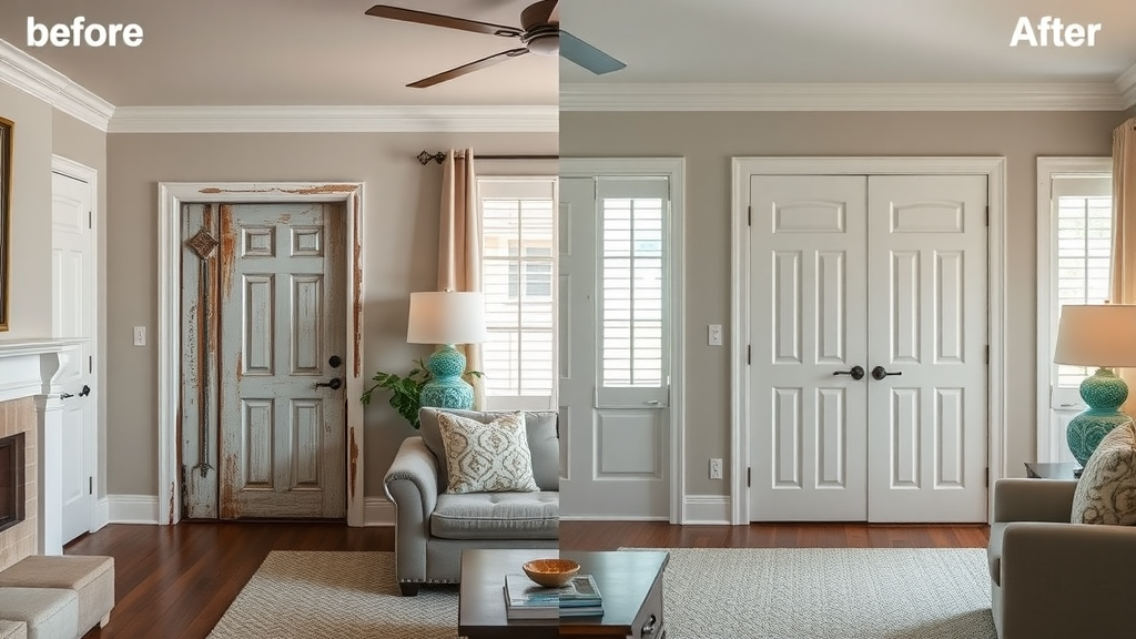 Dramatic before-and-after of a living room door replacement in Pawleys Island, clear new paneled door, professional door installation in pawleys island sc