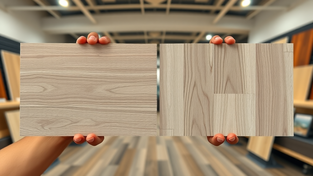 split-image comparison of luxury vinyl plank and traditional plank flooring, best vinyl flooring installers pawleys island sc