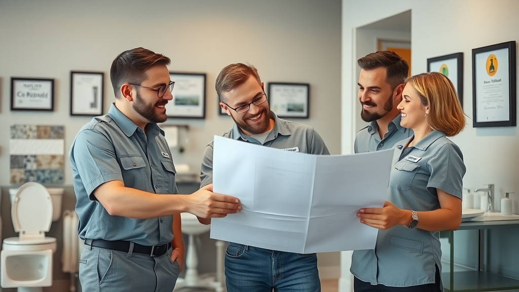 Energetic team of Surfside Beach bathroom renovation professionals discussing blueprints and sharing local expertise in bathroom remodeling in Surfside Beach SC