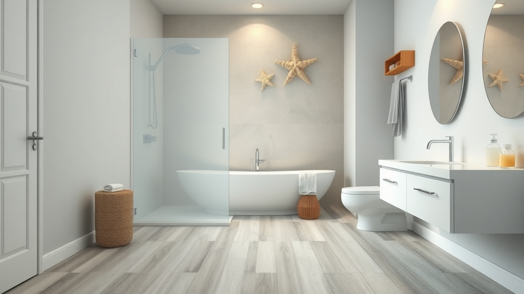 Water-resistant luxury vinyl plank flooring Pawleys Island SC in a modern coastal bathroom, steam and fog, pristine condition, blue-gray tones.