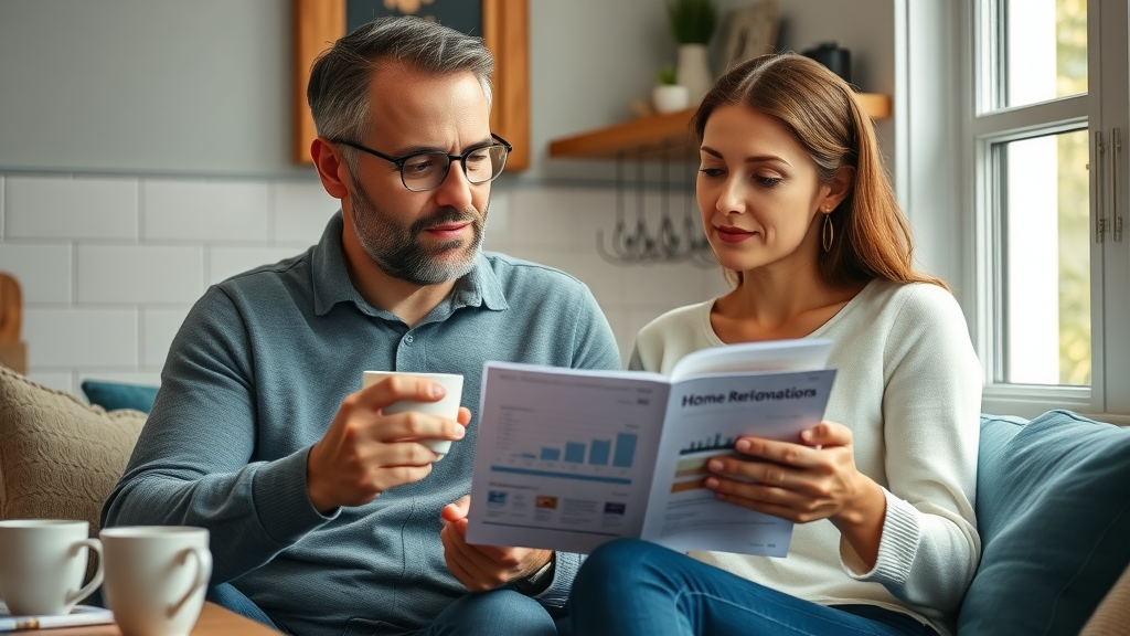 financial planning for home renovation, thoughtful couple reviewing estimates on a tablet, cozy kitchen nook, paperwork and coffee mugs in Surfside Beach SC home remodel