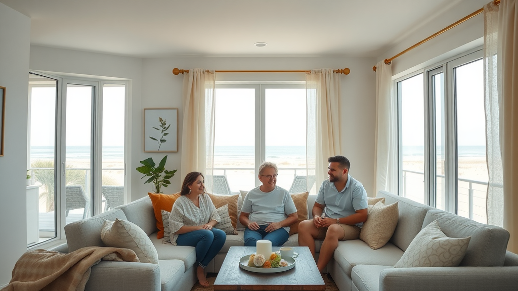 Modern beachside home interior with pristine walls after drywall repair in Surfside Beach SC, family relaxing together
