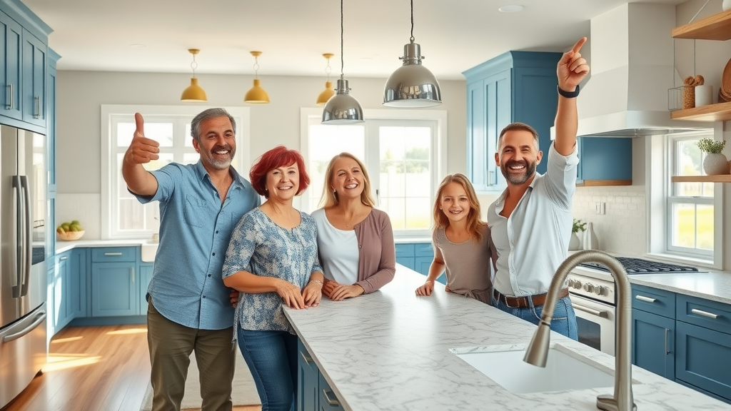 Modern coastal kitchen updates in Surfside Beach SC with blue cabinets, quartz countertops, and stainless-steel appliances, natural light and a smiling family