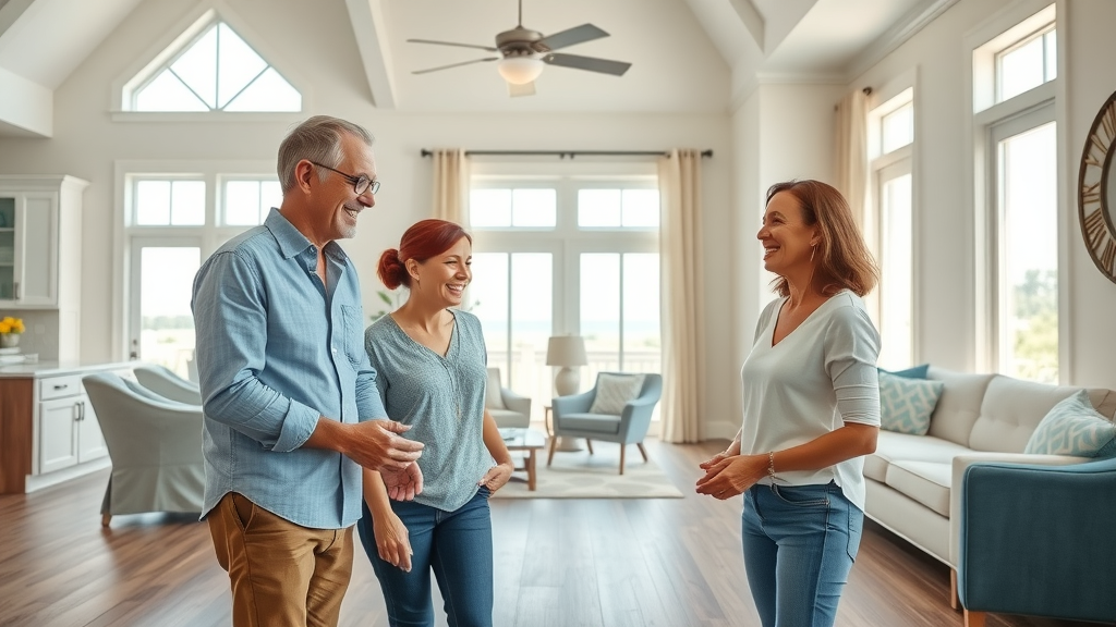 inviting modern Pawleys Island home interior with newly installed vinyl flooring, homeowners admiring, coastal décor, sunlit living room, best vinyl flooring installers pawleys island sc