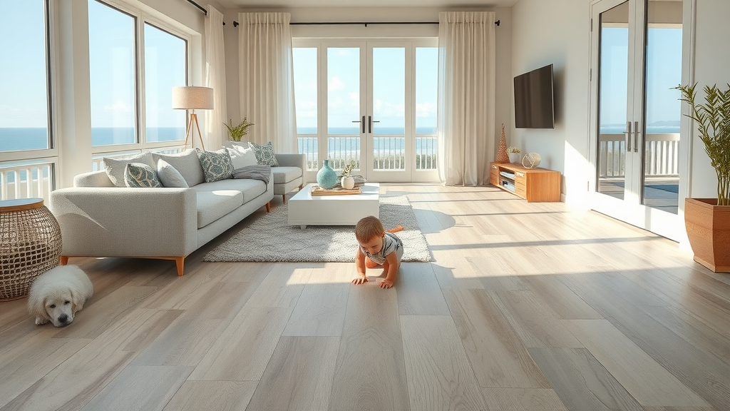 Coastal-inspired living room with waterproof vinyl plank flooring, barefoot child and dog, ocean view, durable floor in Surfside Beach SC