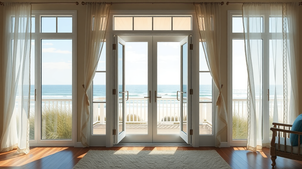 New patio doors open onto a Myrtle Beach deck with ocean view, casting sunlit patterns inside.