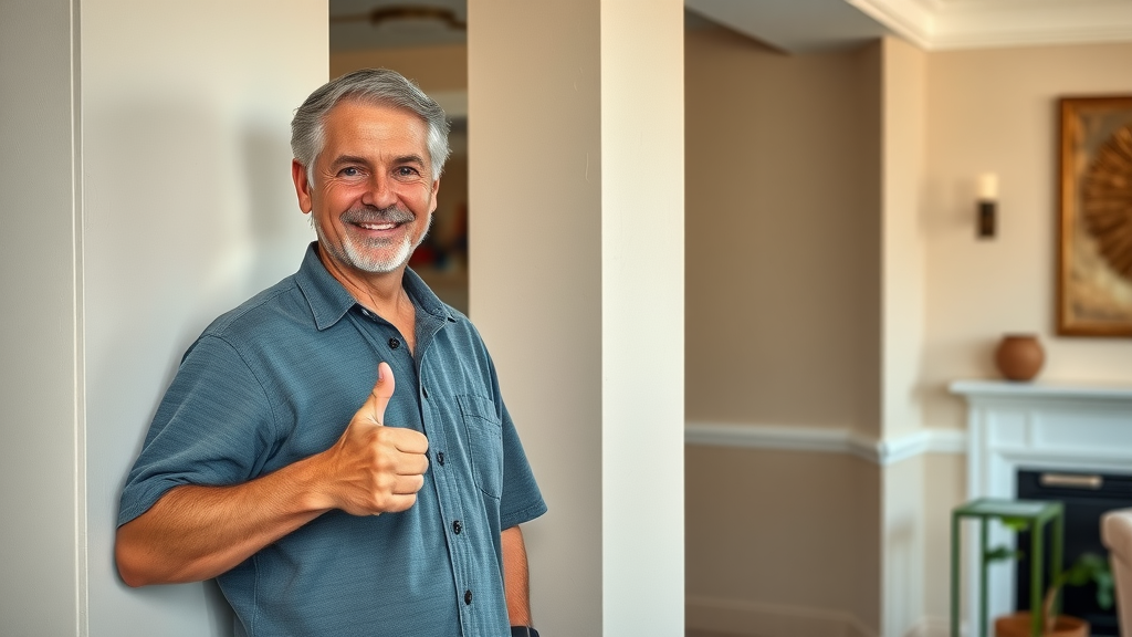 Happy homeowner in Pawleys Island shows off newly repaired and painted drywall wall – drywall repair in pawleys island sc success