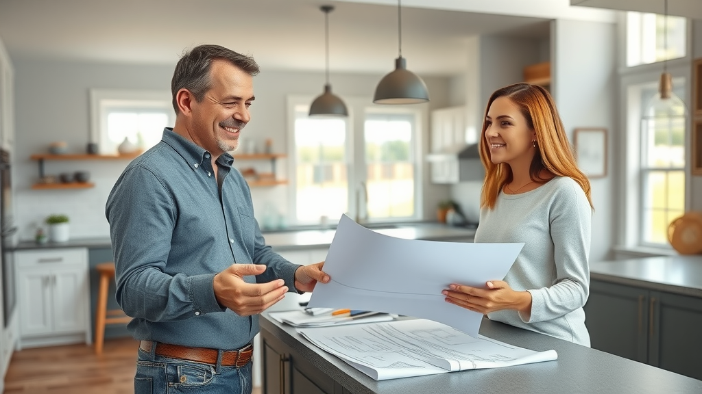 friendly contractor consultant with welcoming expression, discussing kitchen plans with homeowners in tidy modern kitchen, blueprints and samples on island, in Surfside Beach SC