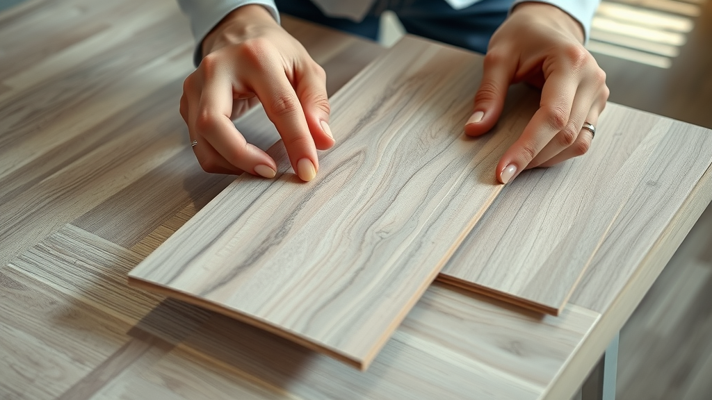 Close-up inspecting luxury vinyl plank sample, best vinyl flooring installation in pawleys island sc, creative flooring designs