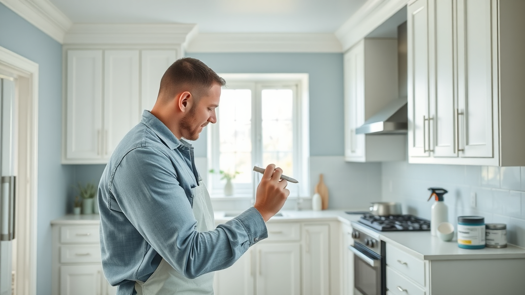 Professional painting in modern kitchen with crisp blue walls, interior painting in pawleys island sc