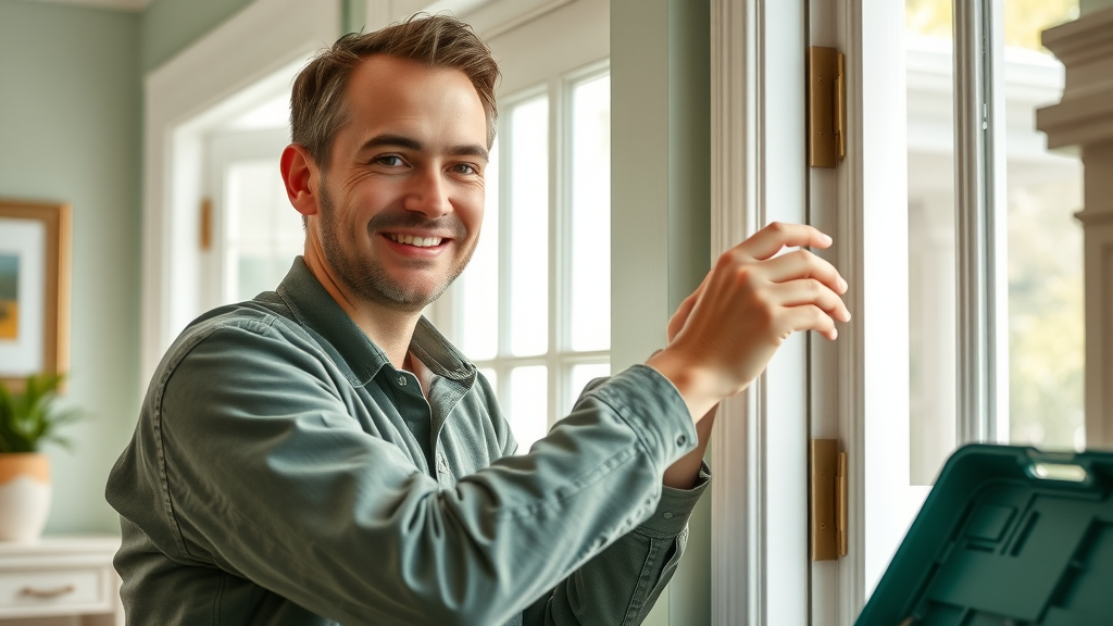 Skilled technician repairing door frame in sunlit Pawleys Island home, friendly expression, professional door repair, interior door installation in pawleys island sc