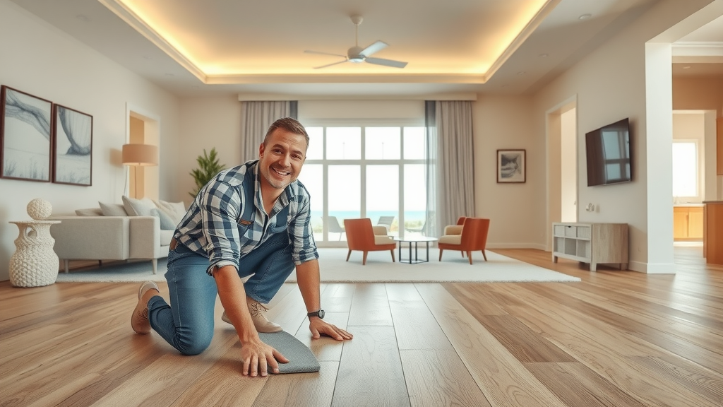 Luxurious Surfside Beach living space with new flooring including hardwood, vinyl, and tile, showing versatile home remodeling upgrades