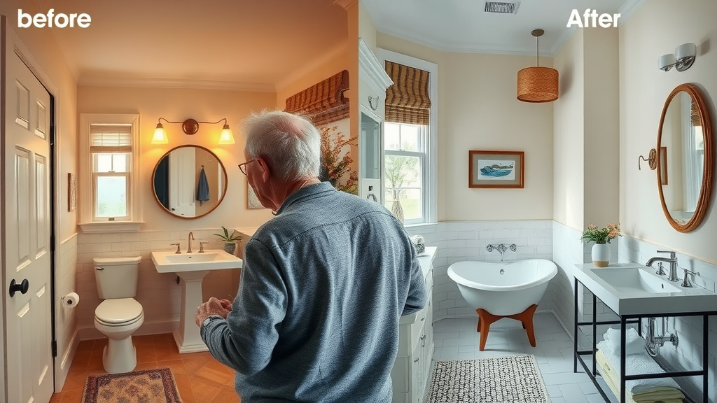 Before and after bathroom remodel in Conway SC, split scene showing dramatic transformation, homeowner admiring completed project