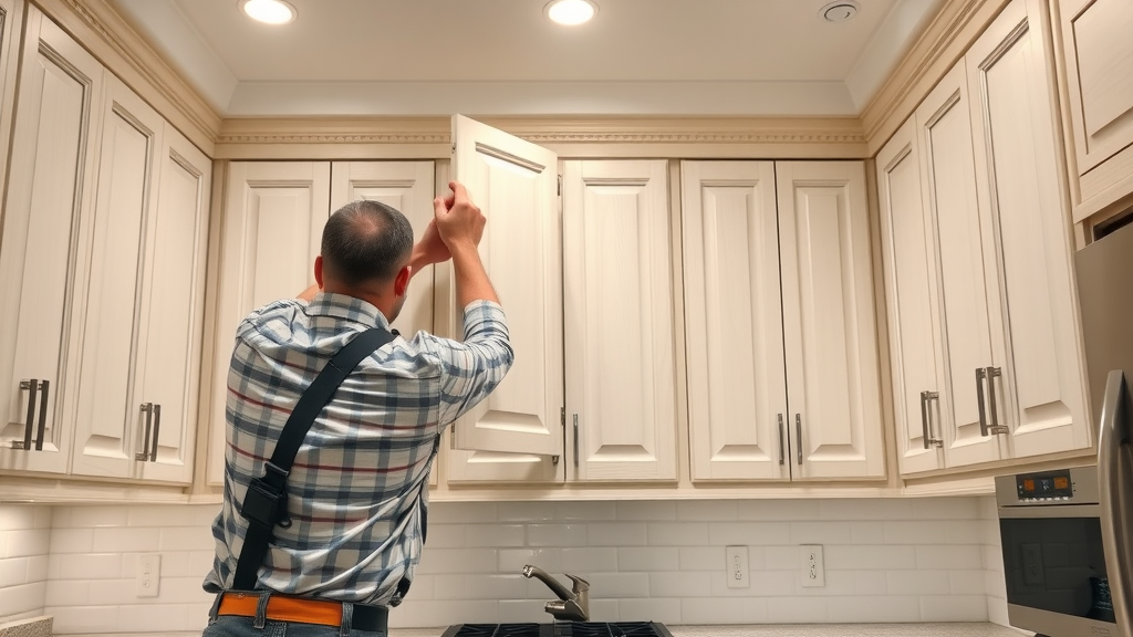 Luxurious custom kitchen cabinets installation in Pawleys Island SC, showing elegant wood grains and brushed nickel hardware in a pristine, upscale kitchen interior.