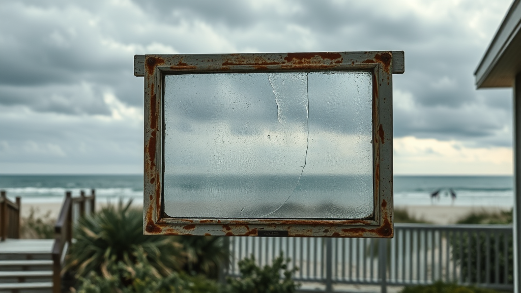 Worn-out window with salt film and condensation in coastal Myrtle Beach cottage.