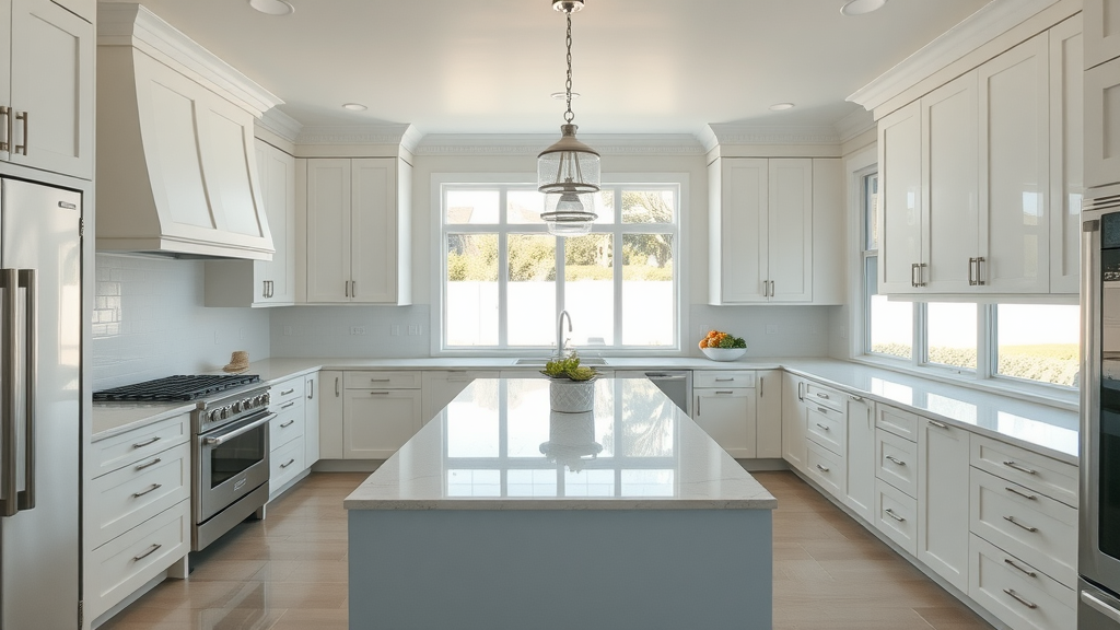 sleek Surfside Beach SC kitchen remodel with modern white cabinetry, modern lighting, kitchen island, and view of backyard, showcasing clean surfaces and natural daylight