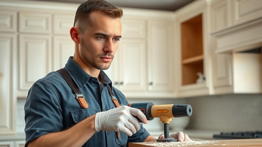 Professional craftsman refacing kitchen cabinets in Myrtle Beach SC, demonstrating affordable kitchen updates with modern tools and wood finishes.