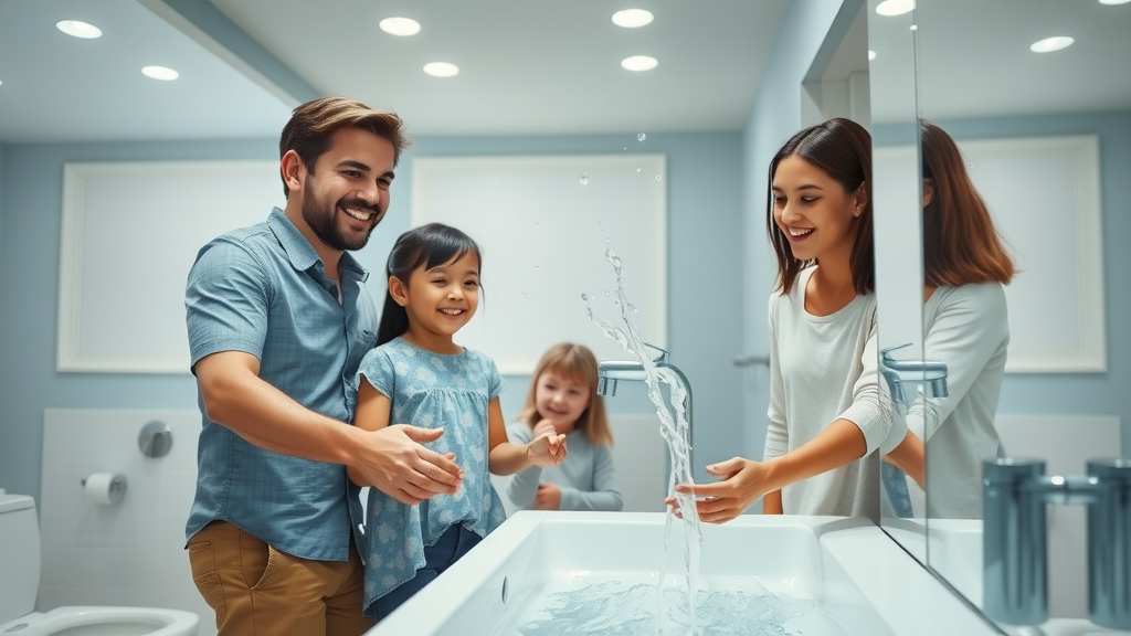 family exploring newly renovated bathroom, bathroom renovation in Murrells Inlet SC, smart features, delighted expressions