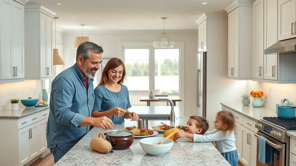 inviting modern kitchen with smiling homeowners preparing a meal, open-concept kitchen with white shaker cabinets, granite countertops, stainless steel appliances, ocean-inspired decor, natural family interaction, Surfside Beach SC kitchen updates