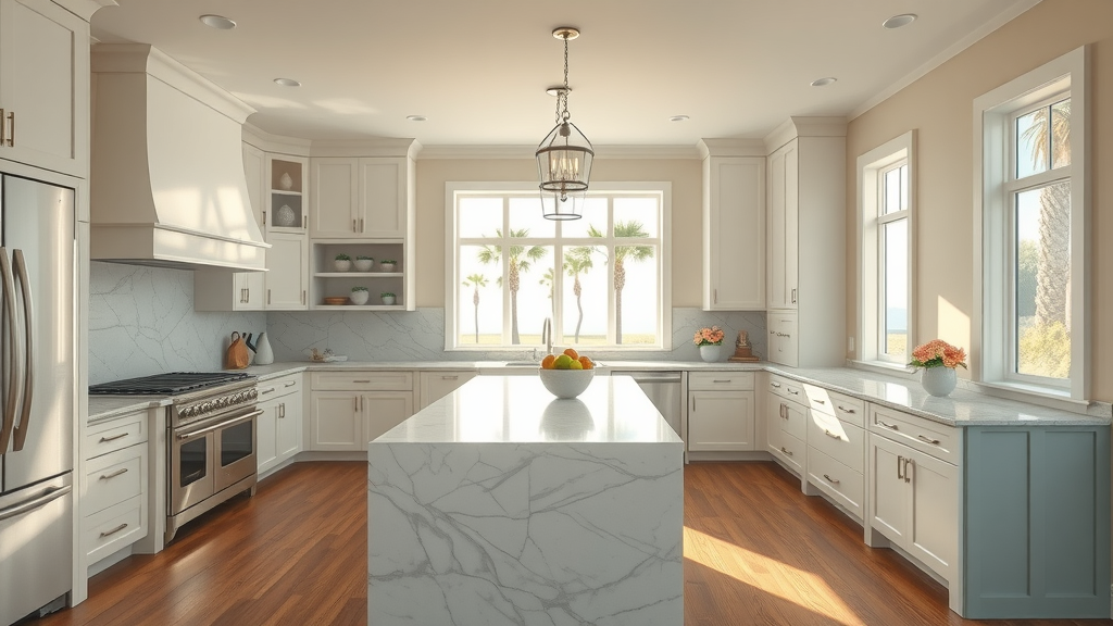 Gorgeous completed kitchen remodel in Pawleys Island SC with marble countertops, pendant lights, and palm tree views in a serene coastal color palette.