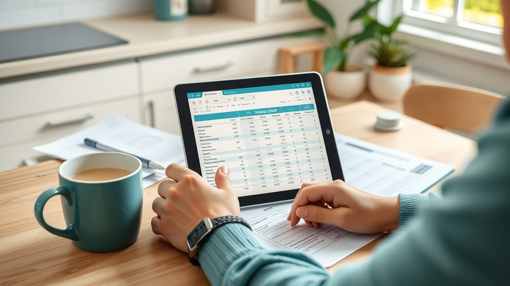 bathroom remodel cost breakdown pawleys island sc, homeowner reviewing digital spreadsheet on tablet, organized paperwork