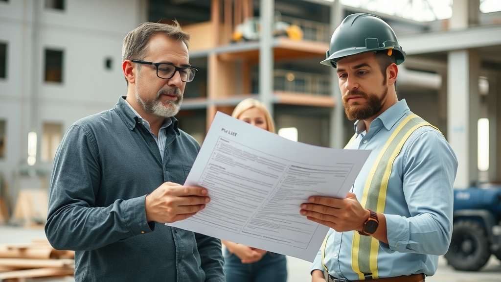 Professional construction project manager reviewing a punch list document with a contractor, punch list services in pawleys island sc, modern construction site