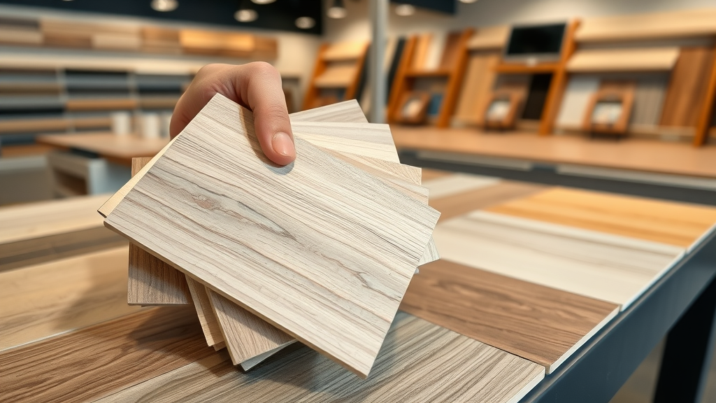 Luxury vinyl plank and tile samples for Pawleys Island SC homes, detailed textures and finishes on display room table.